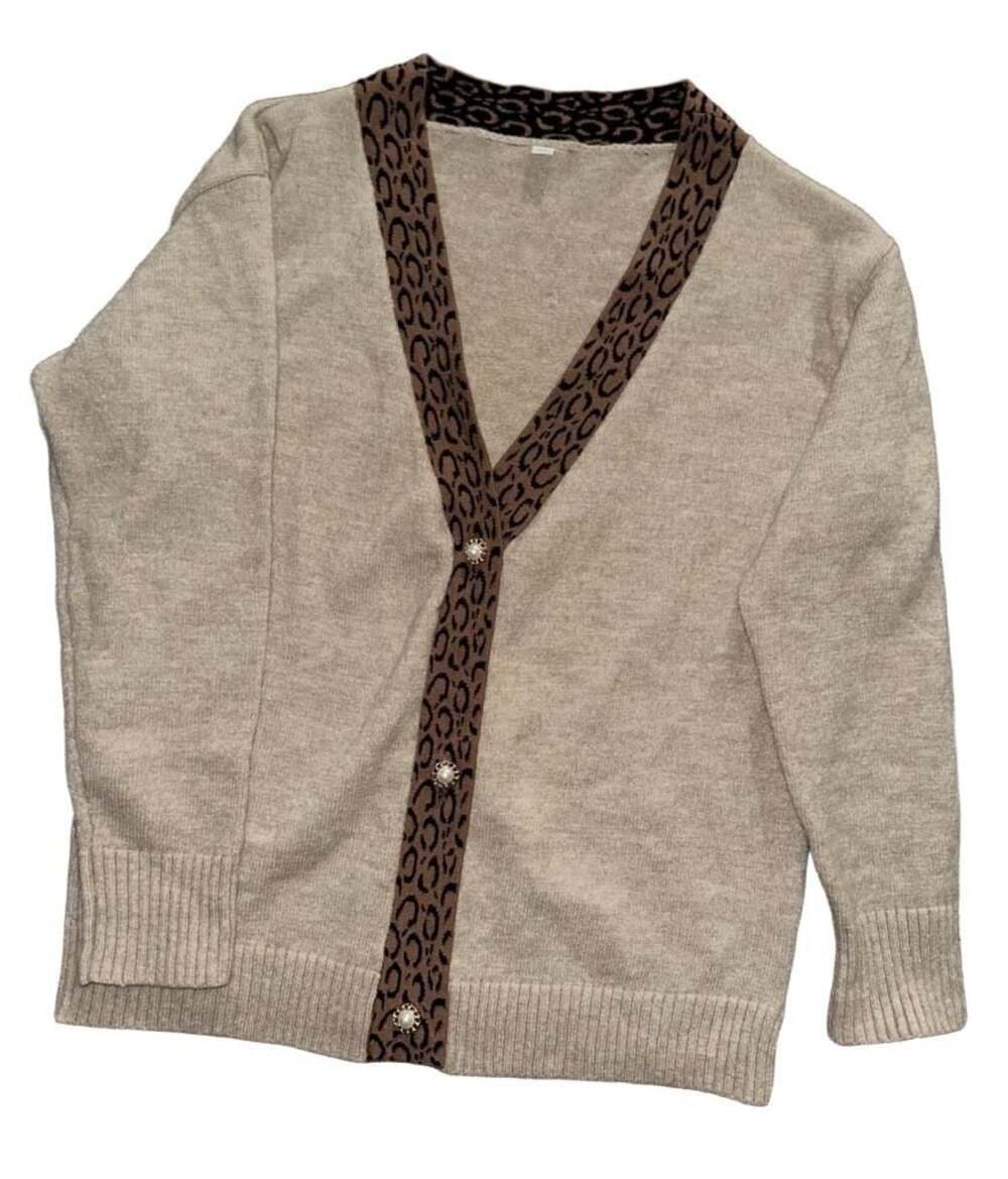 XXL Beige Cardigan Sweater with Animal Print Trim and Pearl Buttons